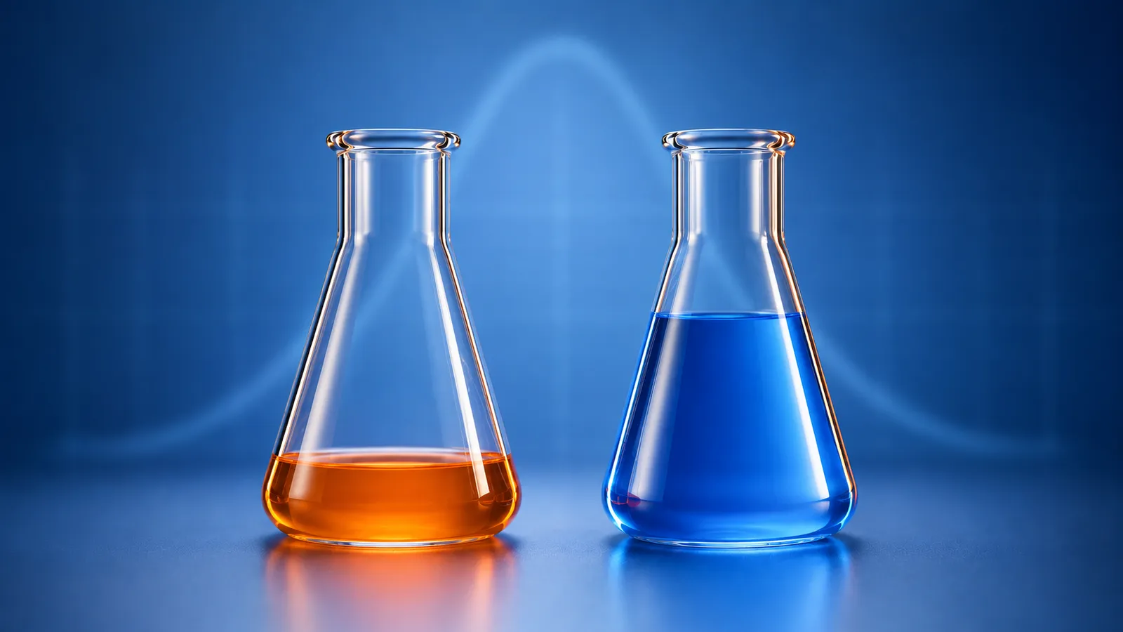 Two identical glass Erlenmeyer flasks side by side against a deep blue background, the left one filled with blue liquid at a low level, the right one filled higher with orange liquid.